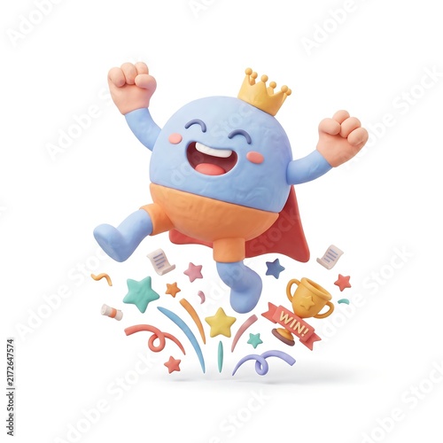 Happy 3D Clay Character Celebrating Victory with Gold Crown and Trophy Isolated on White Background
