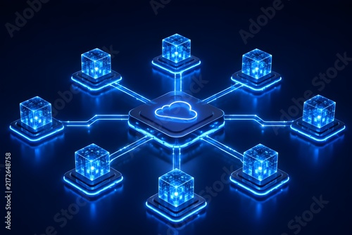 Obraz na płótnie Glowing digital cloud connecting to network processor cubes representing global computing infrastructure and server synchronization