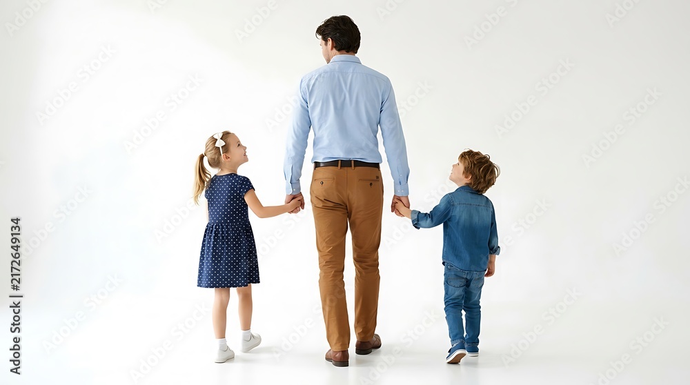 Fototapeta premium Father holding hands with his young son and daughter