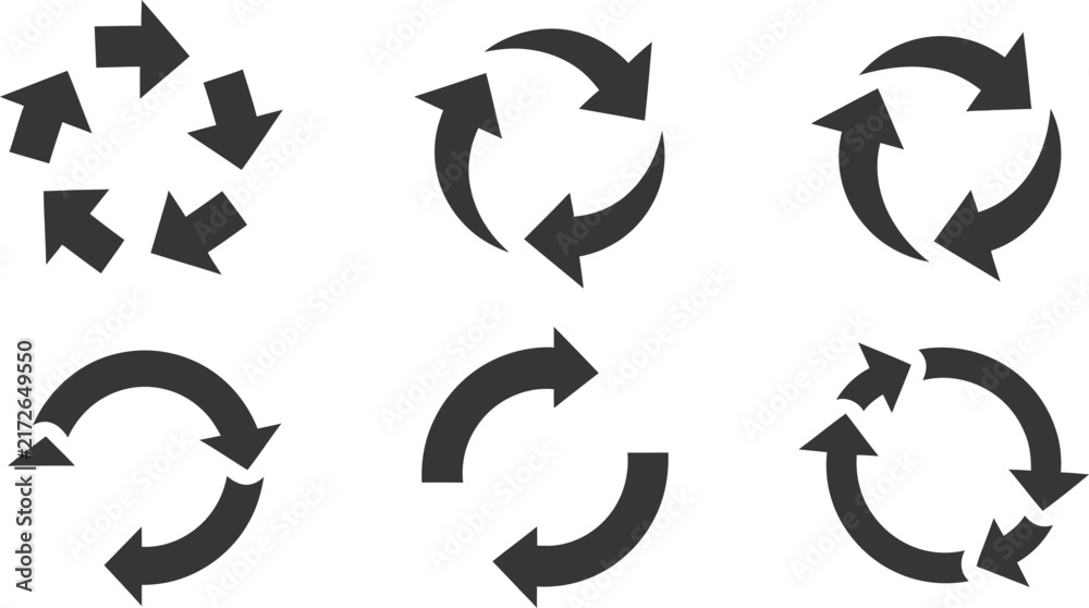 Fototapeta premium Recycle and refresh arrows vector icons set with circular arrows