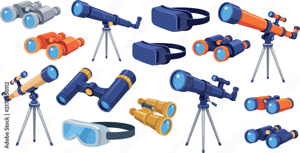 Fototapeta premium Optical devices vector icon collection featuring telescopes binoculars spyglass and virtual reality goggles isolated on white background