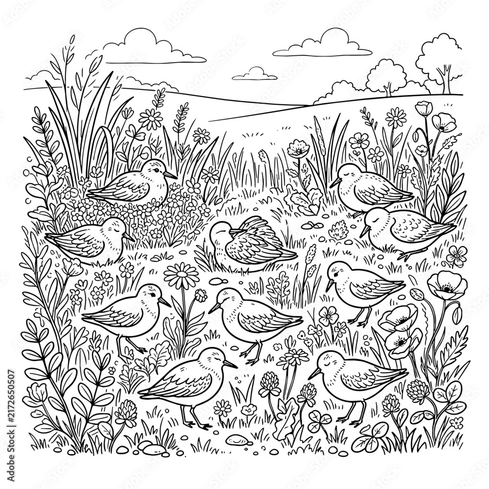 Fototapeta premium Birds in Flower Meadow Coloring Page Line Art