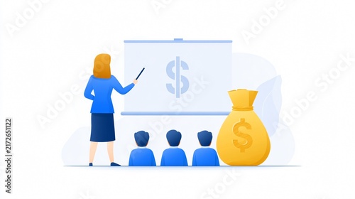 Financial literacy classroom, teacher educating students about money management, smart finance learning, academic economics lesson, professional educational illustration