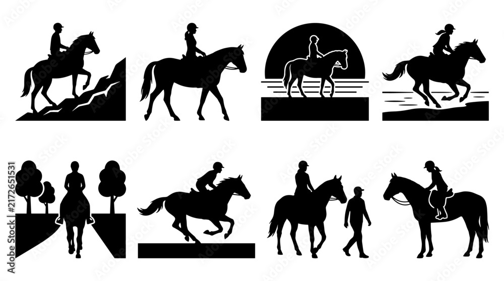 Fototapeta premium Set of eight black horse and rider silhouettes in various poses, equestrian sports, riding activities, lifestyle and animal recreation icons