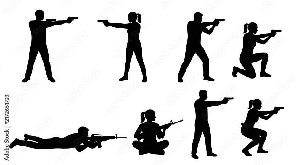 Obraz premium Set of black silhouettes of soldiers and people holding firearms in various shooting positions, tactical training, combat stance, security operations