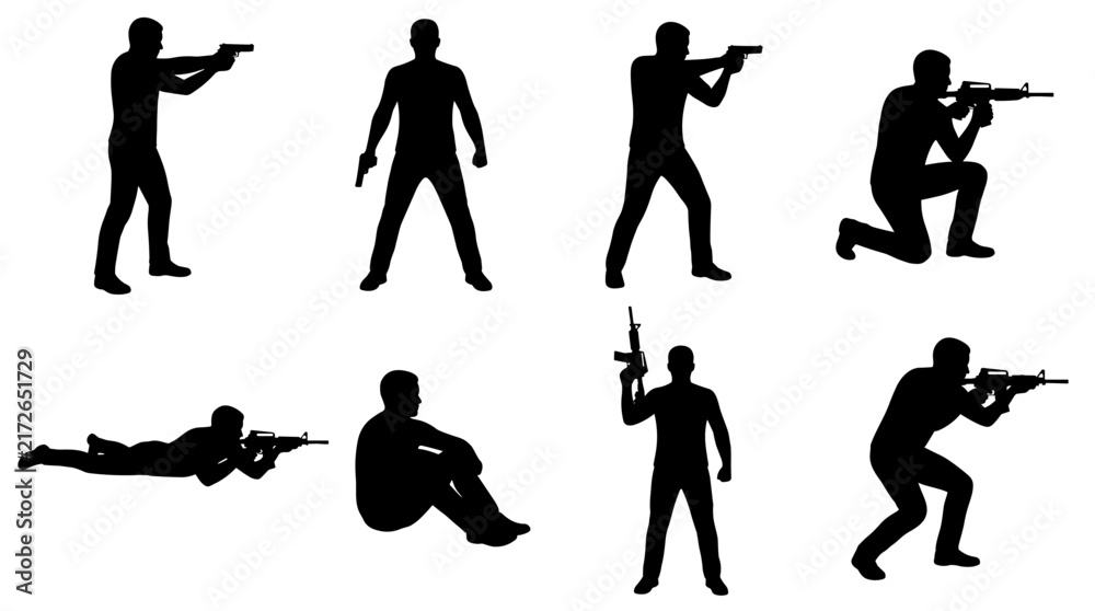 Obraz premium Set of black soldier silhouettes in various combat poses, shooting rifle and pistol stances, military action, tactical movement, tactical training