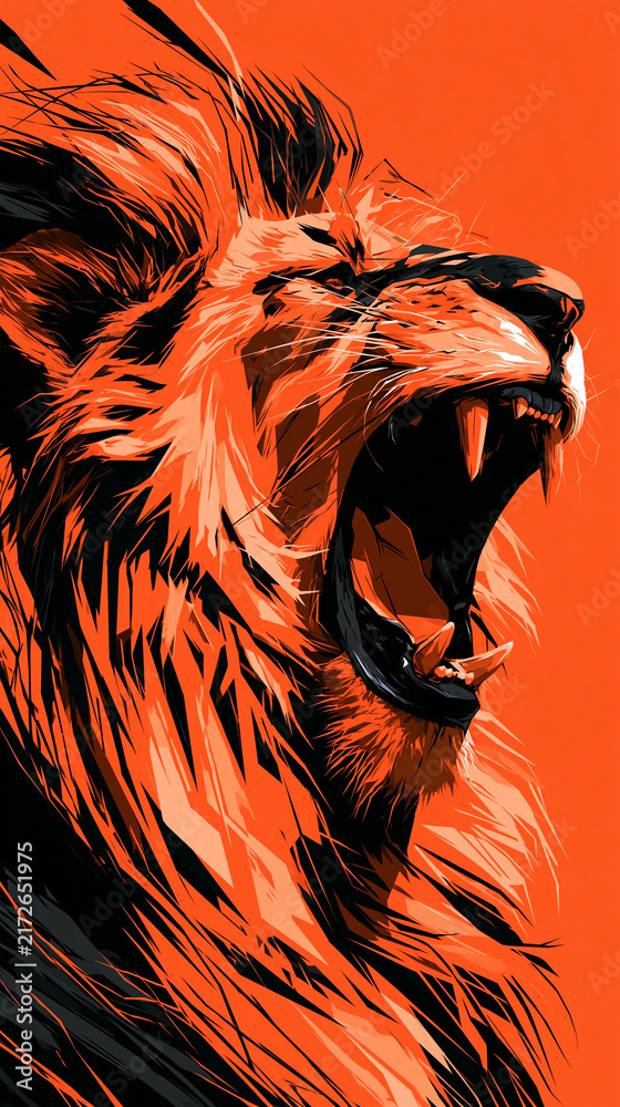 Obraz premium Roaring Lion's Fury: A powerful lion with a striking mane and bared teeth lets out a fierce roar, its orange hues and dramatic lines conveying untamed energy and primal strength.