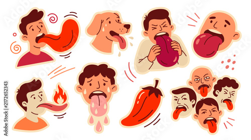 Set of expressive people and dog heads with red tongues, spicy chili pepper, feeling burning heat and intense hot flavor, food reaction illustration