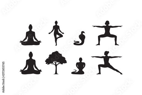 Yoga Poses Fitness Silhouette Collection Design Set
