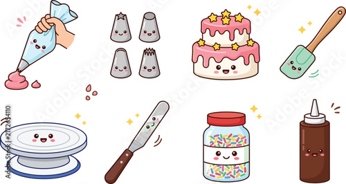 Cute Kawaii Cake Decorating Icon Set with Smiling Pastry Bag, Piping Tips, Birthday Cake, Spatula, and Sprinkles Jar for Baking Graphic Designs