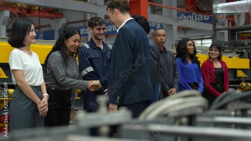 The management team is meeting with employees and staff from all departments of the Metal Sheet steel parts manufacturing plant.(VDO 4K)	