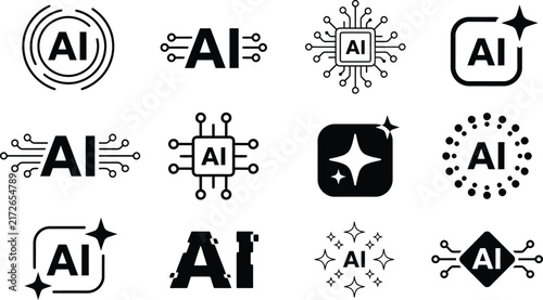 Set of twelve black and white artificial intelligence icons featuring circuit board patterns sparkles and modern digital technology symbols