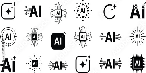 Set of vector black and white graphic elements representing advanced machine learning intelligence and digital technology concepts for modern interface design projects