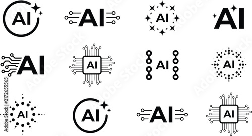 Collection of twelve minimalist black and white artificial intelligence technology icons and digital data circuit board design elements