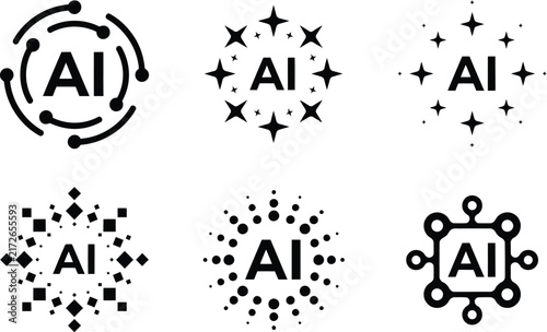 Set of six modern minimalist artificial intelligence icons featuring digital nodes starbursts and tech geometric shapes for software interface design