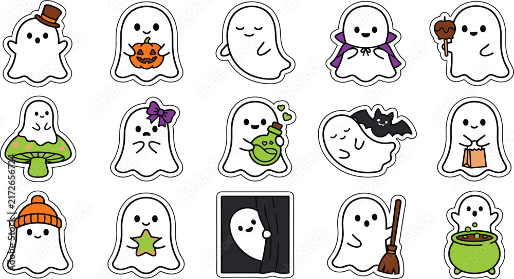 Obraz premium Cute cartoon Halloween ghost stickers set with funny characters and autumn elements for design