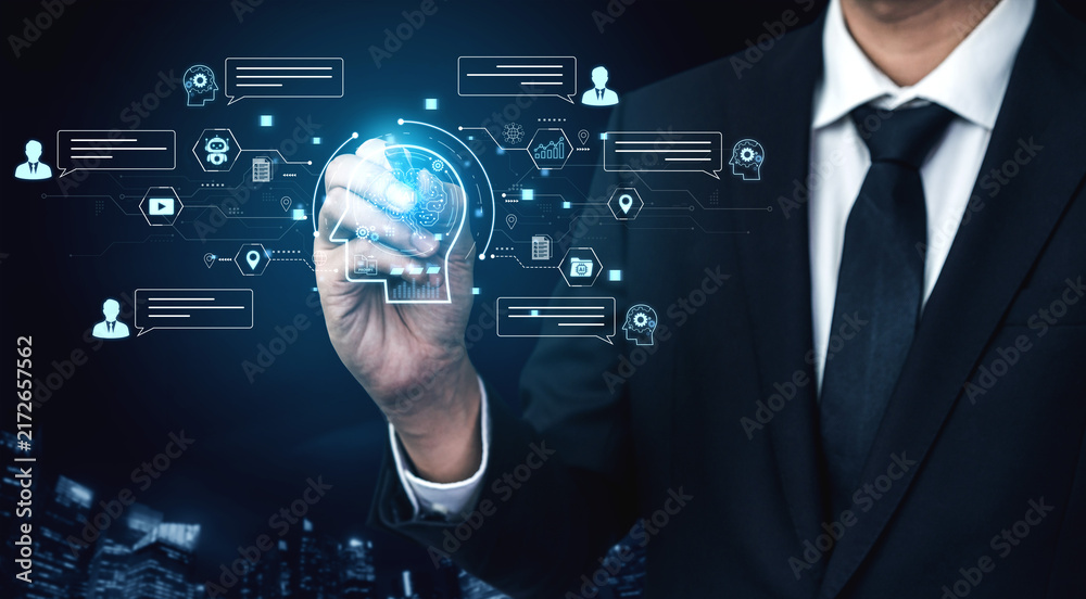 Obraz premium Artificial intelligence AI chat message concept linking users, knowledge base, search and analytics to provide automated NLP data support and informed business decisions, tech model training. Corpus