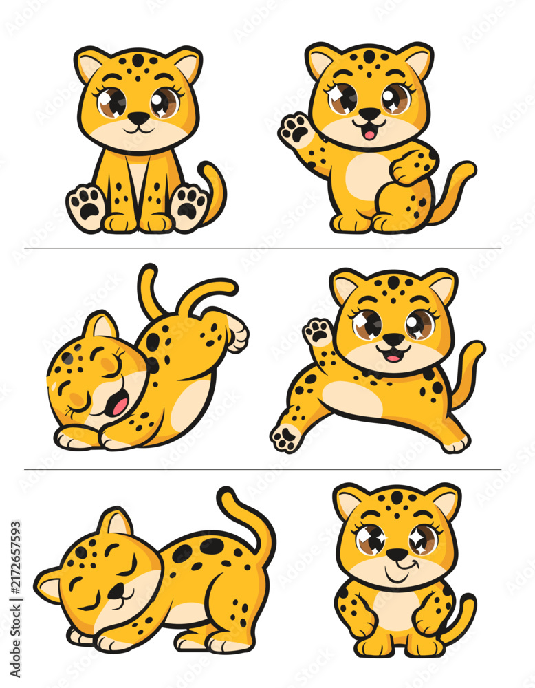 Fototapeta premium Adorable cheetah cubs in playful poses set of six