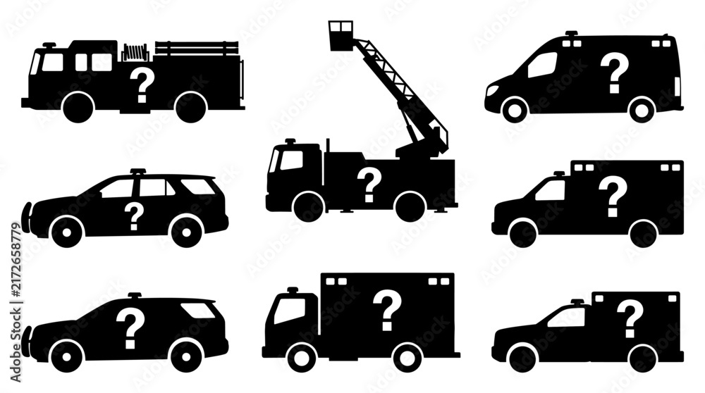 Fototapeta premium Set of black vehicle silhouettes with question marks, mystery transport, unidentified service fleet, emergency trucks and cars for mystery logic