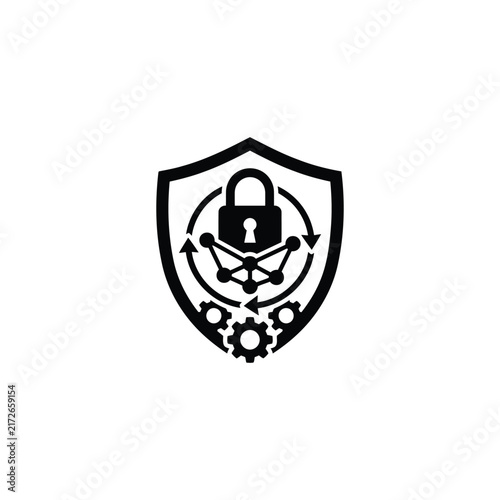 Shield and padlock icon with network and gears