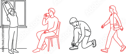 Diverse individuals in simple line art performing daily activities like stretching drinking and walking indoors