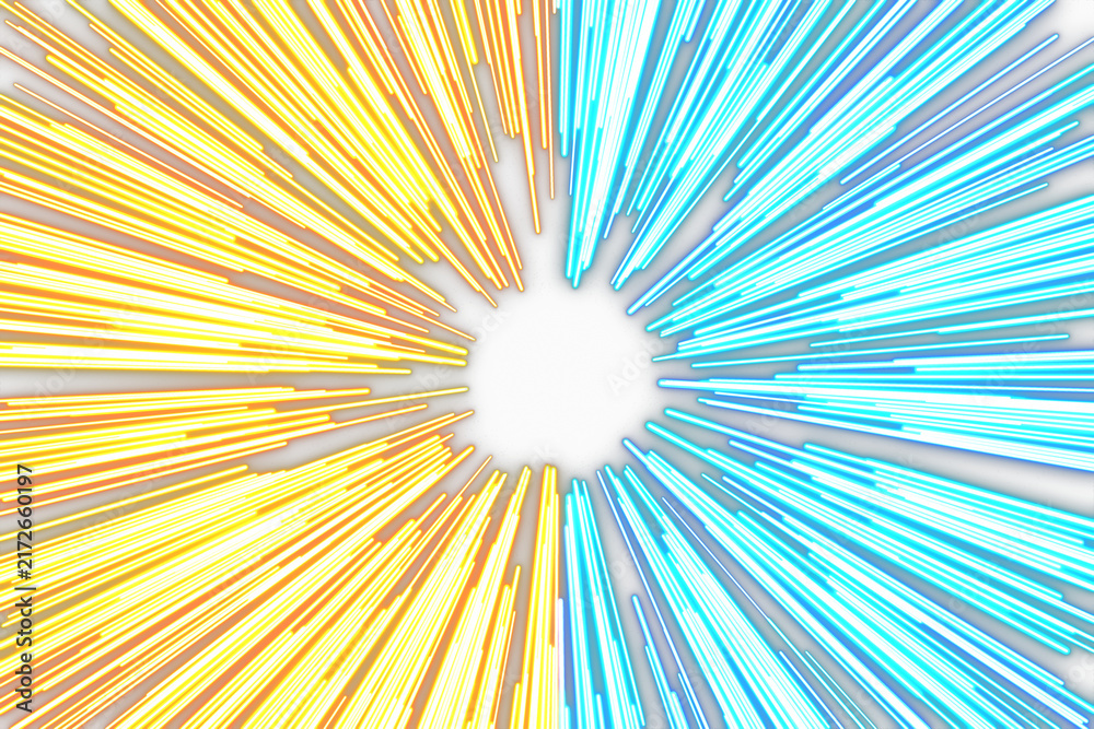 Fototapeta premium Abstract sunburst background with bright yellow and blue light rays radiating from the center in a dynamic design