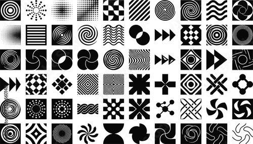 Geometric patterns, abstract design, optical art, black and white, visual rhythm, modern creativity, symmetry icons, contrast shapes, motion effects, repetition