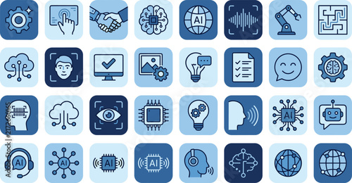 Artificial intelligence icons, machine learning, digital communication, automation tools, neural networks, robotics design, innovation ideas, modern technology, productivity growth, teamwork