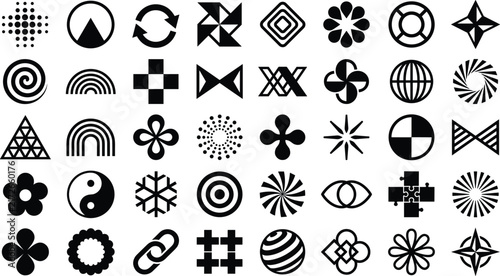 Geometric symbols, abstract icons, decorative patterns, optical art, black design, modern creativity, symmetry motifs, contrast shapes, branding ideas, repetition