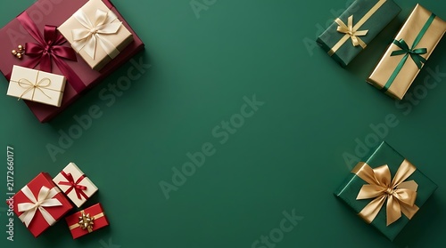 Top view of various christmas gift boxes arranged on a dark green background with copy space