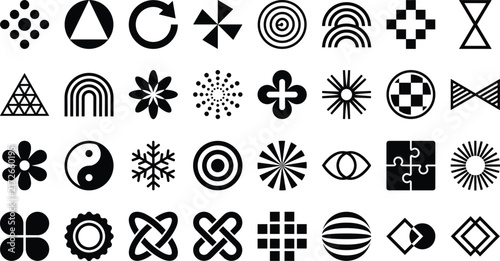 Geometric icons, abstract symbols, decorative patterns, optical art, black design, modern creativity, symmetry motifs, contrast shapes, branding ideas, repetition
