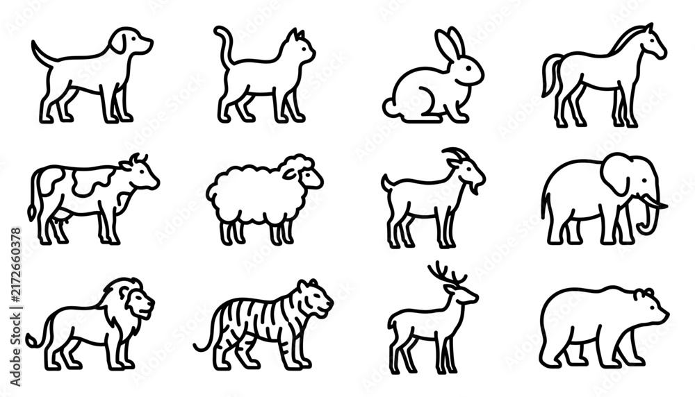 Fototapeta premium Animal Silhouettes Set with Dog, Cat, Rabbit, Horse, Cow, Sheep, Goat, Elephant