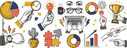 Business creativity icons, innovation design, teamwork success, productivity tools, workplace growth, modern illustration, analysis charts, leadership skills, motivation ideas, collaboration