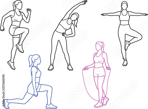 Woman performing five fitness exercises in a clean white space with artistic line drawing style