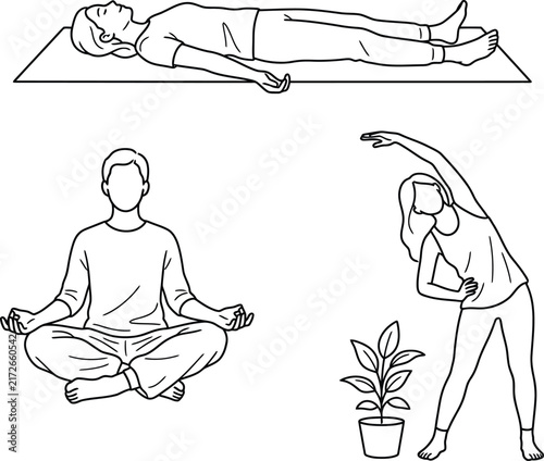People practicing yoga and meditation in a minimalist line drawing style