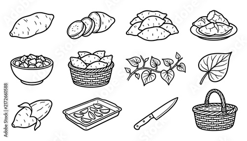 Sweet Potatoes Set with Sliced Vegetables, Leaves, and Basket