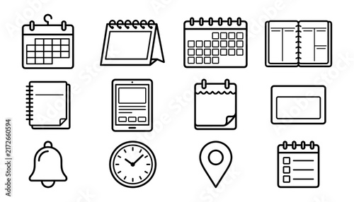 Calendar Icons Set with Notebook, Clock, and Location Marker Design
