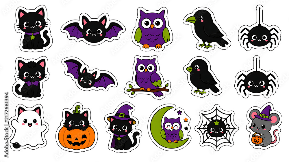 Naklejka premium Cute halloween stickers with cat bat owl and spider icons