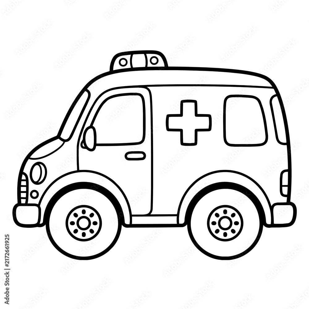 Fototapeta premium Black and White Cartoon Ambulance Vector Illustration
