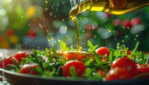 Golden olive oil being poured over a fresh, vibrant salad with cherry tomatoes and greens