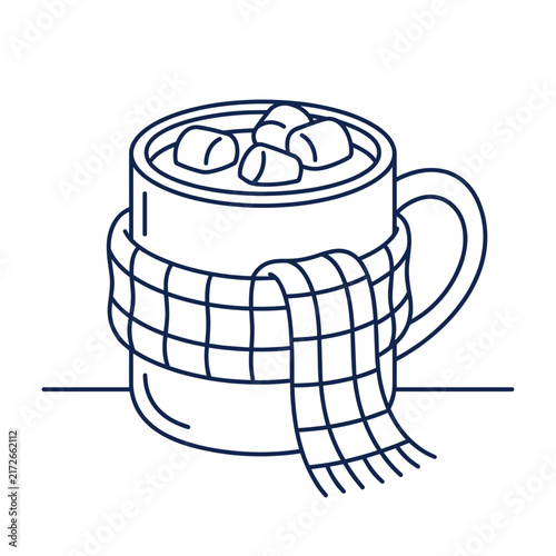A cozy mug of hot chocolate wrapped in a scarf with marshmallows on top