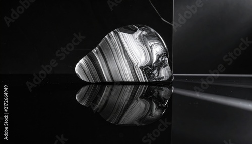 Polished Obsidian Stone with Striking Swirling Patterns Reflecting on Dark Surface