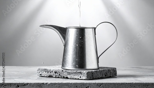 Polished Silver Watering Can With Water Stream Pouring Onto Stone