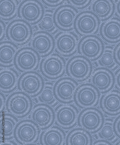 Seamless abstract texture with high-quality geometric circular motifs drawn with intricate lines overlapping on a blue surface for sophisticated modern design