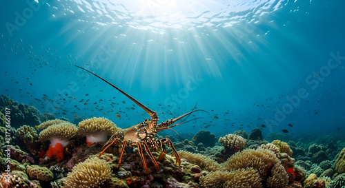 Spiny lobster swimming on a colorful tropical coral reef