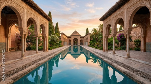 Plakat w ramie A serene historical Moorish courtyard featuring a long reflecting pool framed by ornate arches and lush green palm trees under a tranquil golden hour evening sky in Granada, Spain