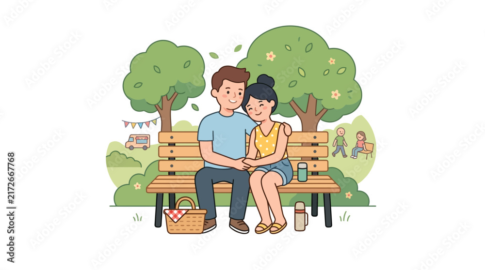 Fototapeta premium Romantic couple sitting on park bench with picnic