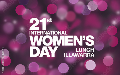International womens day lunch event poster with bokeh pink lights background