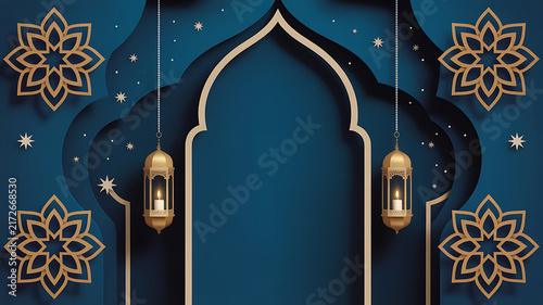 Ramadan kareem background with islamic arch, hanging lanterns and floral decorations