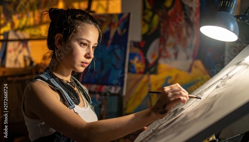 Young female artist intently sketching on canvas in a vibrant, colorful art studio environment.